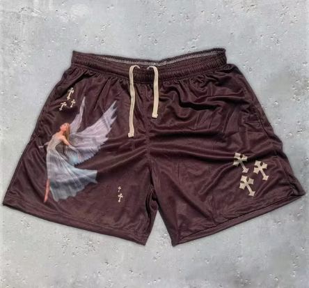 Angel and Cross Print Mesh Gym Shorts