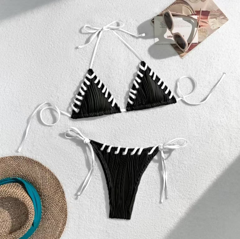 Beige Ribbed Triangle String Bikini Set