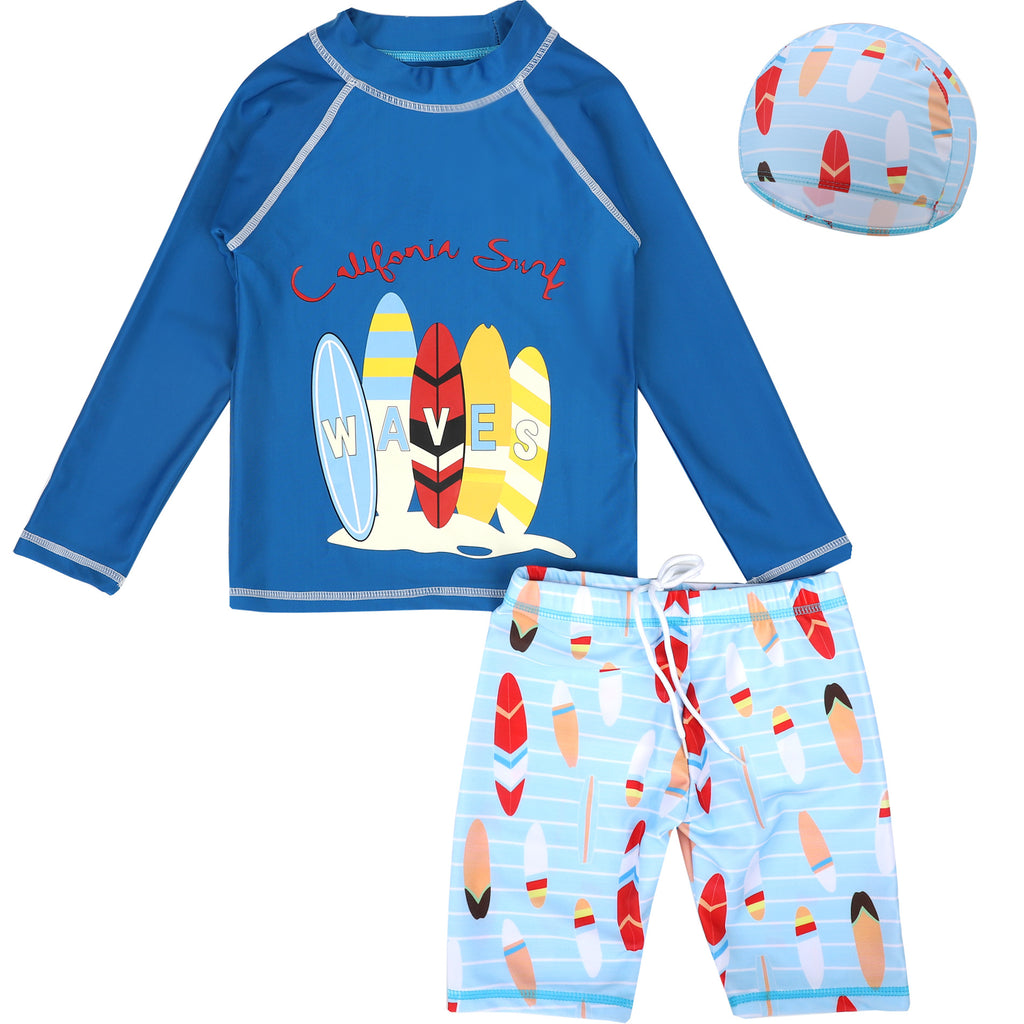 Boys Long-Sleeve UV Rash Guard Swim Set with Cap