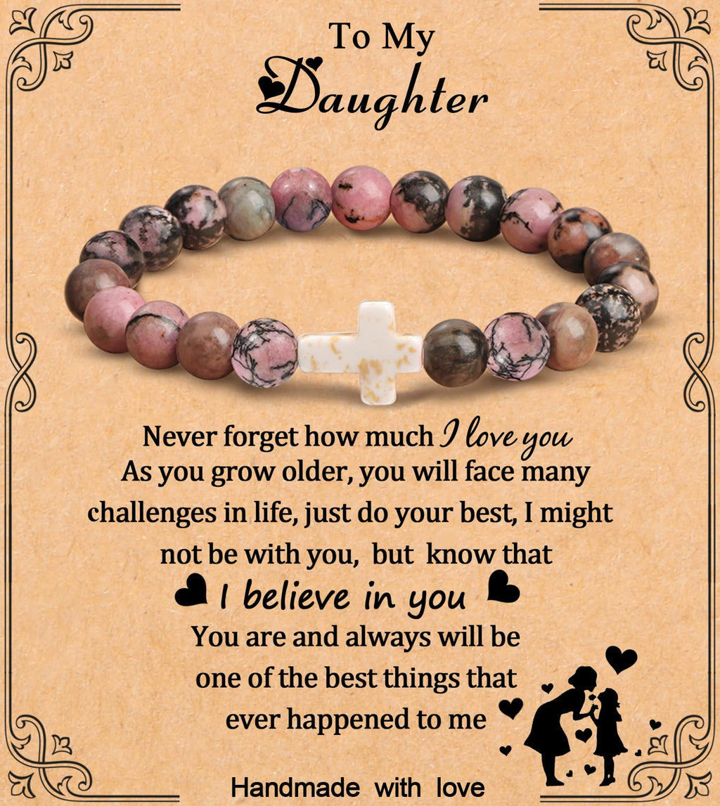 Rhodonite Beaded Cross Bracelet - Gift for Daughter