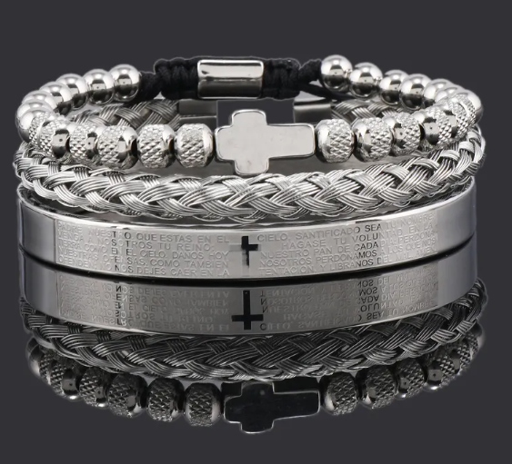 Steel Cross Adjustable Beaded Bracelet