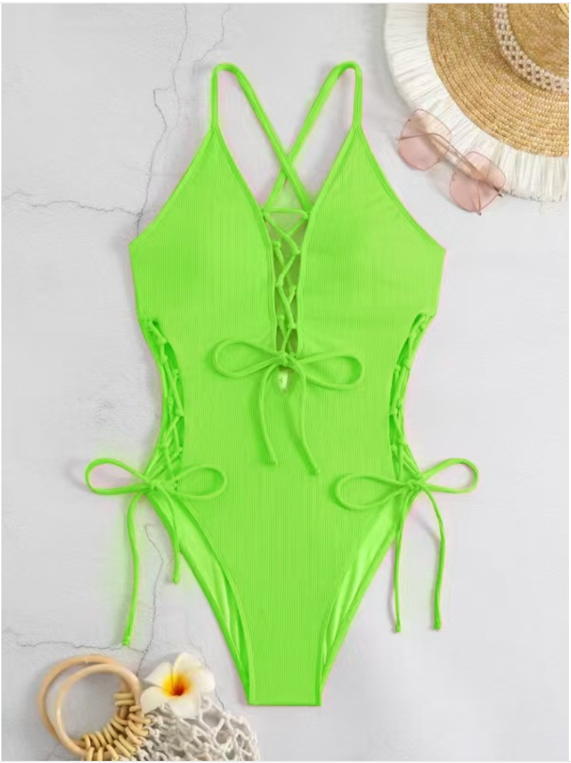 Women's Ribbed Lace-Up Plunge One-Piece Swimsuit