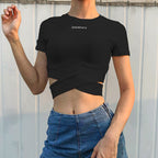 Summer Sexy Letter Print Slim Hollow Crop Top for Women