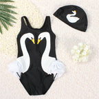 Girls Swan One-Piece Swimsuit with Swim Cap