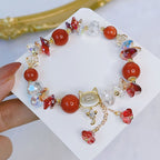Green Crystal Beaded Bracelet with Opal Cat Charm
