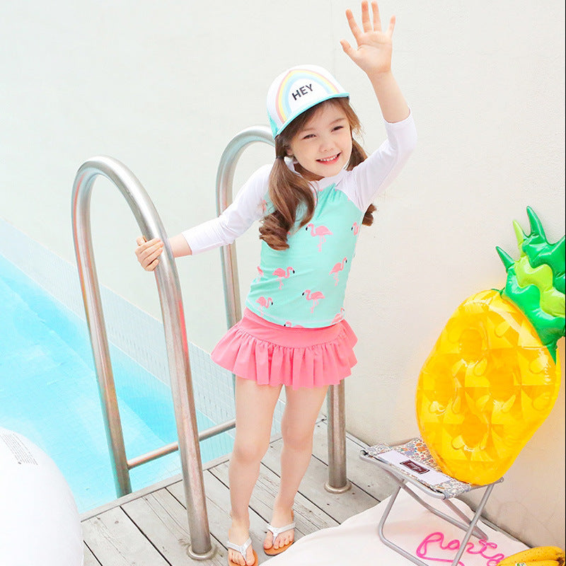 Girls' Flamingo Long-Sleeve Rashguard Swimsuit Set with Cap