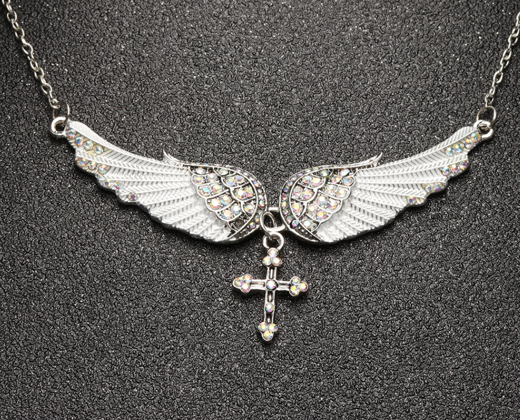 Angel Wings Cross Pendant Necklace with Crystals