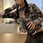 Korean Y2K Women's Tie-Dye Mesh Long Sleeve Crop Top