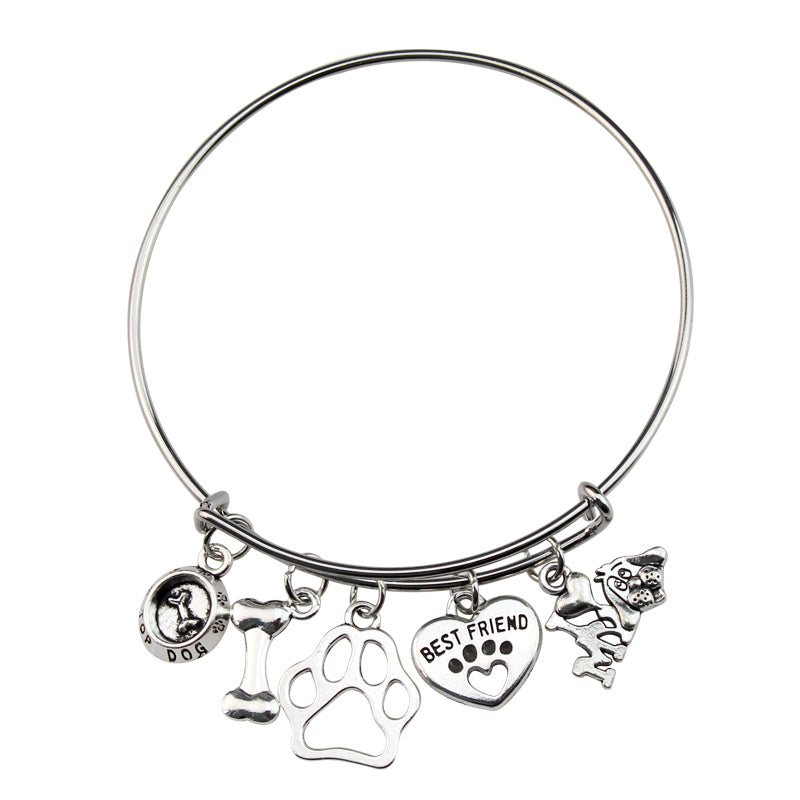 I Love My Dog Charm Bangle Bracelet with Paw Print