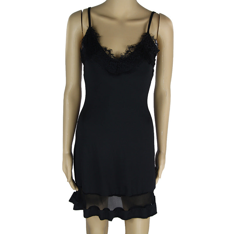 Sexy Black Lace Spaghetti Strap Dress with Mesh Panels