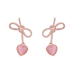 Rose Gold Bow Earrings with Pink Heart Drop