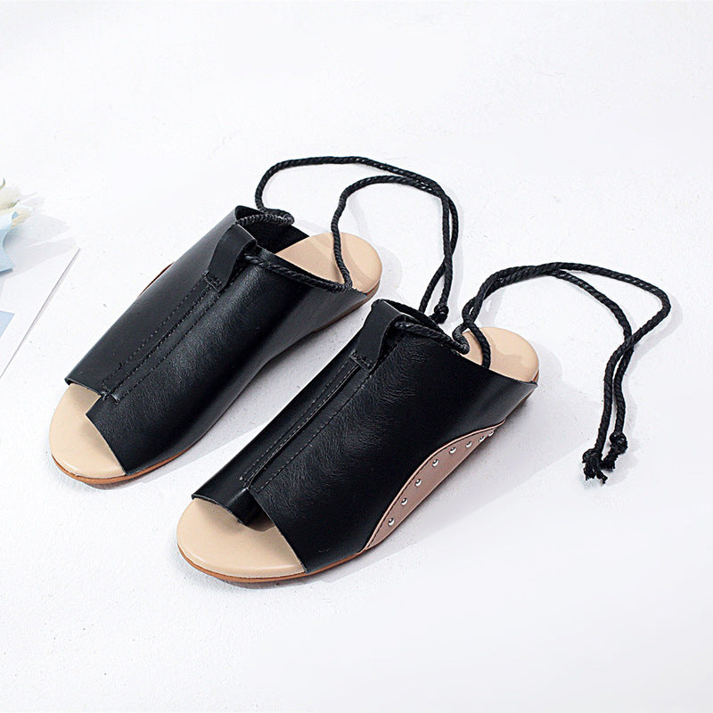 Flat Large Size Sandals with Ankle Tie and Thong Design