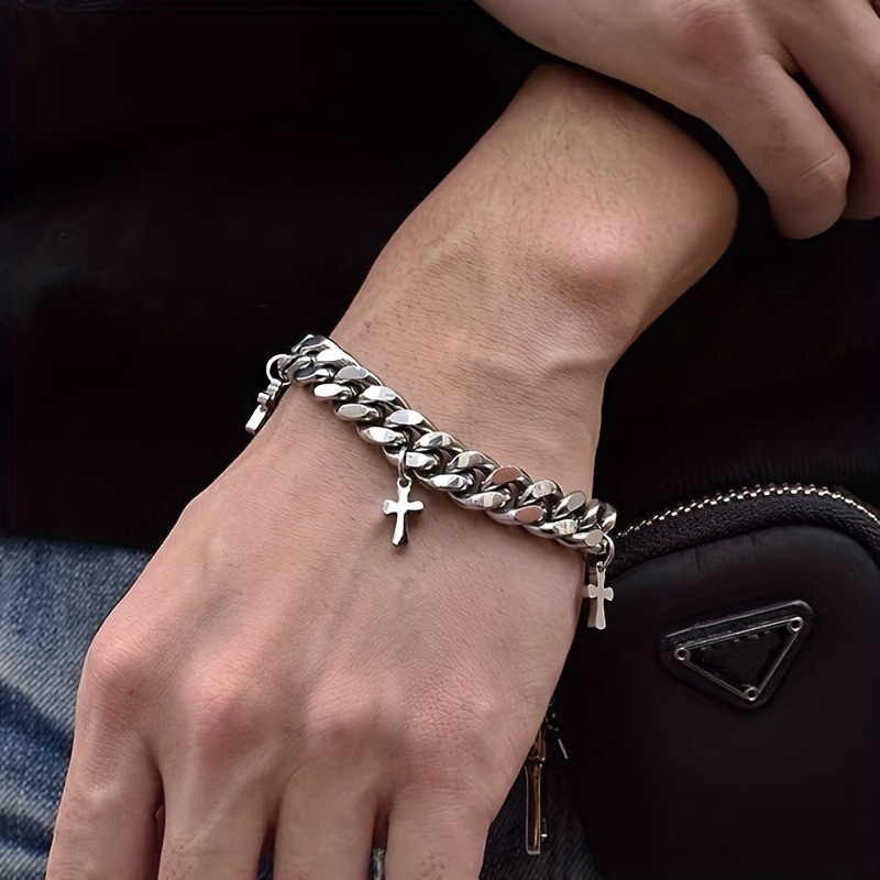 Titanium Steel Cross Charm Cuban Bracelet