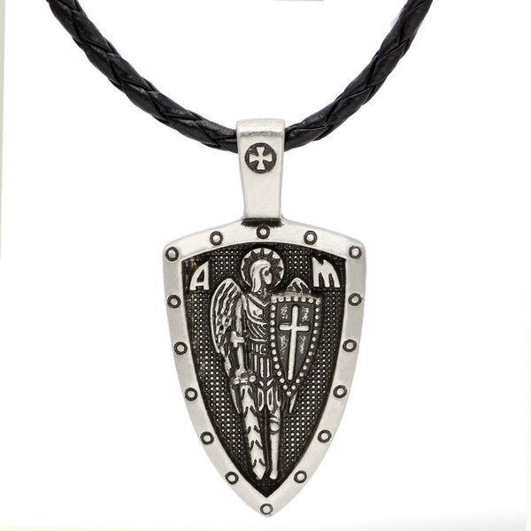 Retro Angel Medal Shield Cross Pendant Necklace for Men
