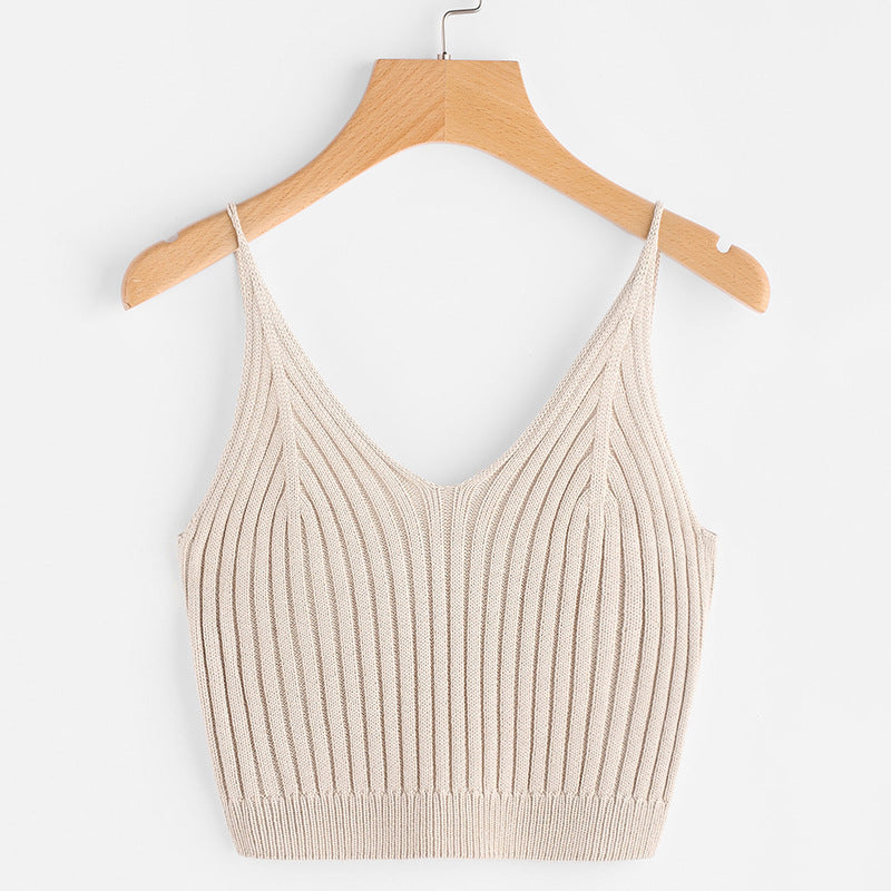 Solid Color Knit Tank Top with V-Neck Design