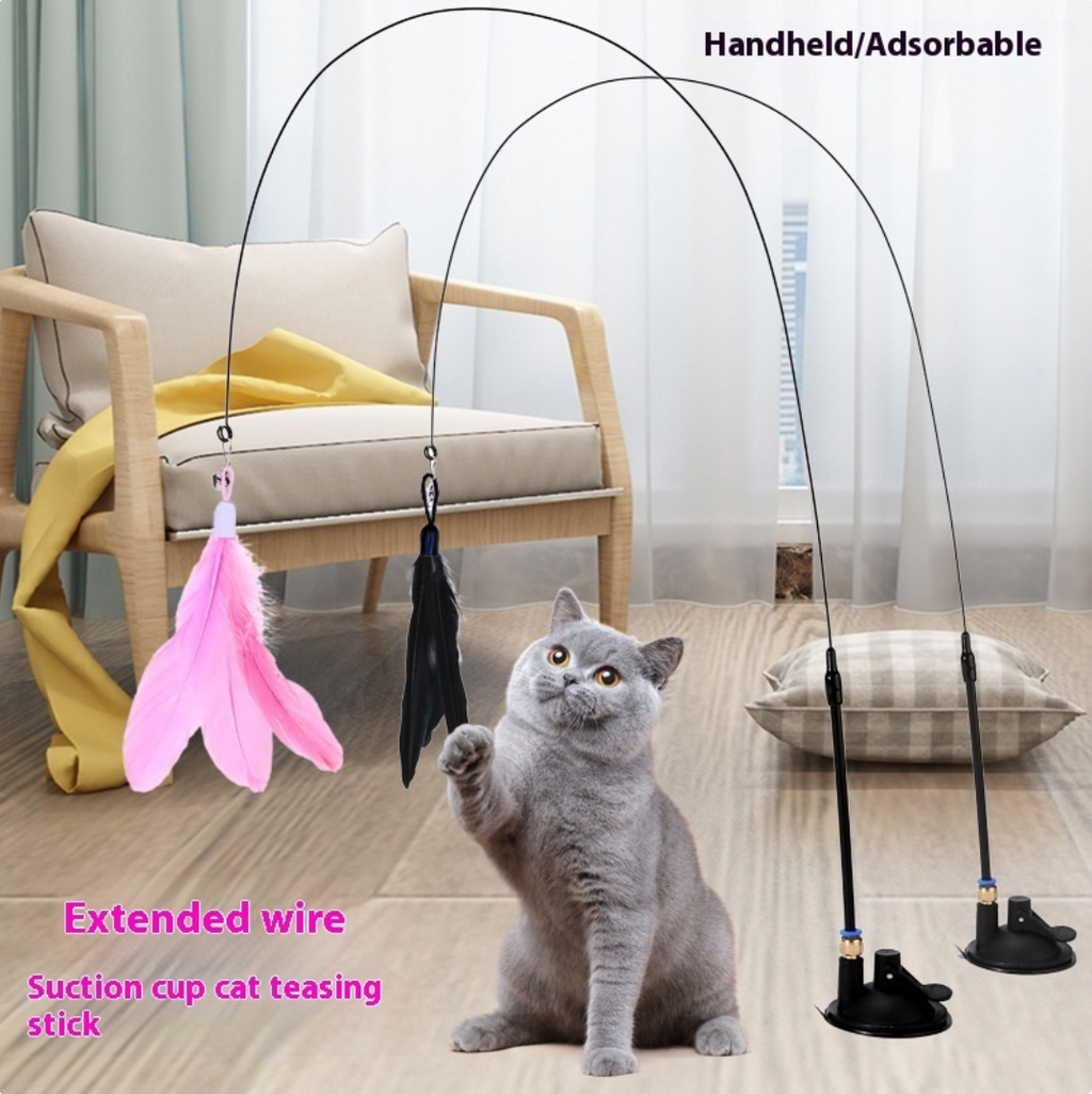 Suction Cup Cat Teaser Wand with Bell, Interactive Feather Toy with Flexible Wire and Interchangeable Feathers for Self-Play