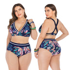 Plus Size Tropical Print High-Waist Bikini Set