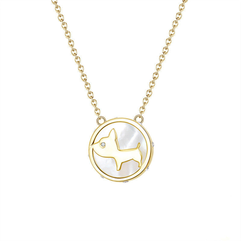 Gold Dog Pendant Necklace with Shell Inlay