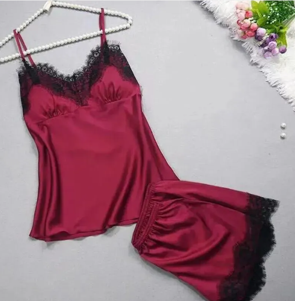 Women's Sexy Two-Piece Sleepwear Set with Chest Pad, Solid Color, Adjustable Straps (S-XXXL)