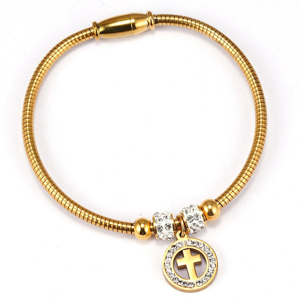 Women's Cross Charm Gold Stainless Steel Bracelet