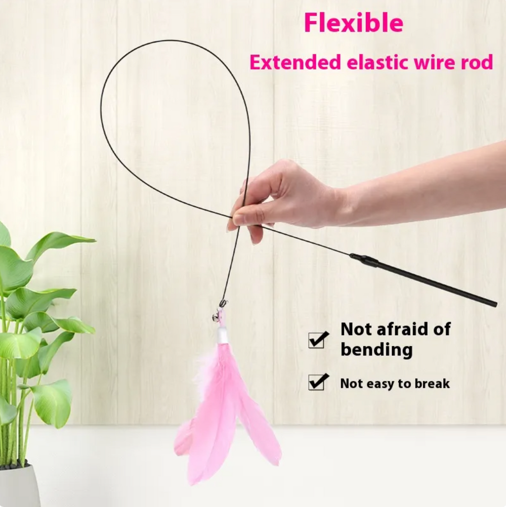 Suction Cup Cat Teaser Wand with Bell, Interactive Feather Toy with Flexible Wire and Interchangeable Feathers for Self-Play
