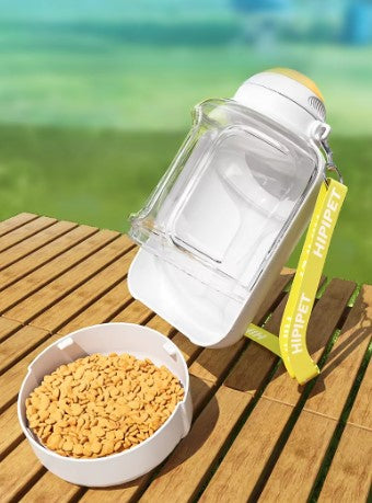 Portable Dog Water and Food Dispenser 2-in-1 Travel Bottle 1000ml with Fold-Out Bowl and Food Compartment Shoulder Strap for Walks and Trips