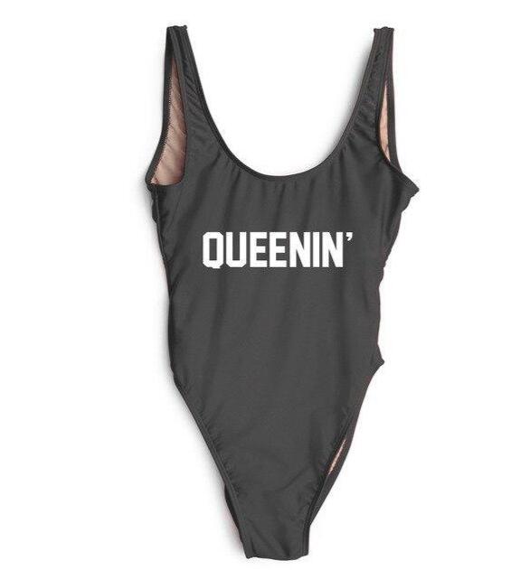 Women's QUEENIN Slogan High-Cut One-Piece Swimsuit