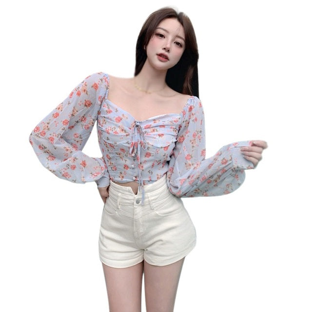 Korea Style Floral Off Shoulder Chiffon Crop Top