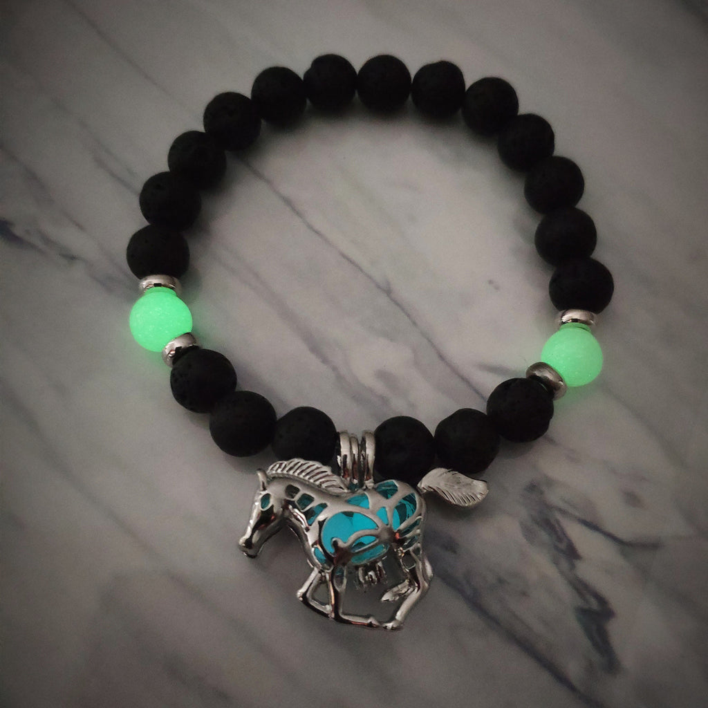 Lava Rock Beaded Bracelet with Glow-in-the-Dark Horse Charm