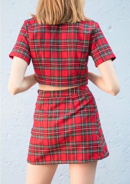 Vintage Plaid Crop Top A-Line Skirt Set