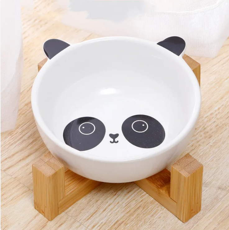 Cute Ceramic Pet Bowl with Bamboo Stand, Cartoon Animal Face Design, Elevated Non-Slip Food & Water Dish for Cats & Small Dogs