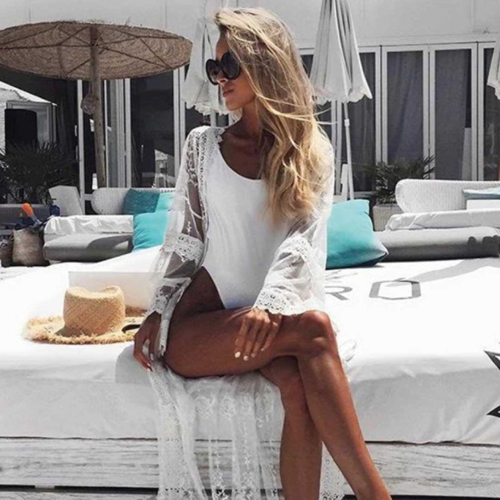 Sheer Lace Long Kimono Beach Cover-Up