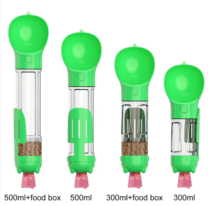 Portable Dog Water Bottle 4-in-1 Travel Dispenser with Foldable Drinking Bowl Food Container and Waste Bag Holder Leak-Proof 300ml 500ml