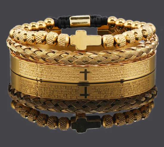Steel Cross Adjustable Beaded Bracelet