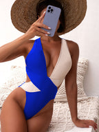 Color Block Deep V One-Piece Swimsuit