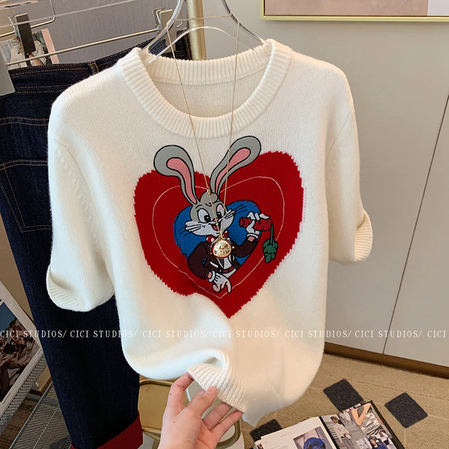 Cartoon Rabbit Heart Short-Sleeve Knit Sweater Top | Streetwear