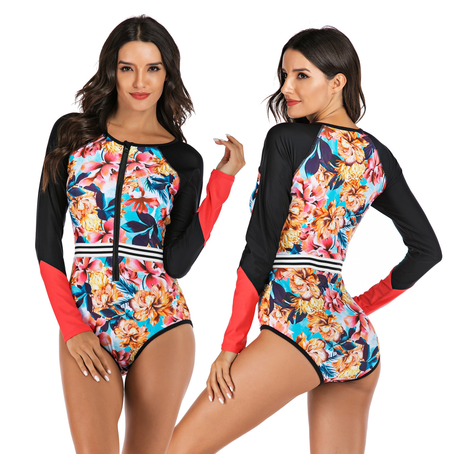 Women's Long-Sleeve Floral Surf One-Piece Swimsuit