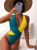 Color Block Deep V One-Piece Swimsuit