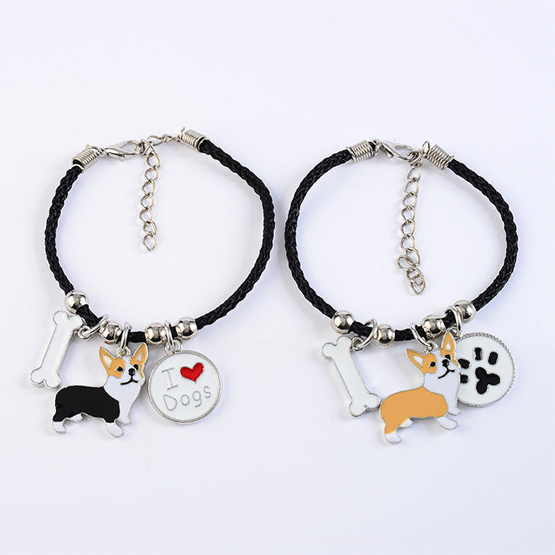 Enamel Dog Charm Leather Cord Bracelet