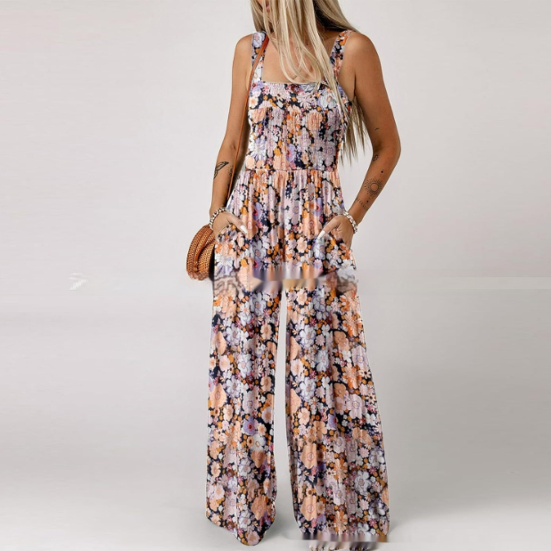 Bohemian Floral Spaghetti Strap Wide-Leg Jumpsuit for Women