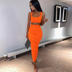Summer Solid Color Crop Top and Long Dress Set