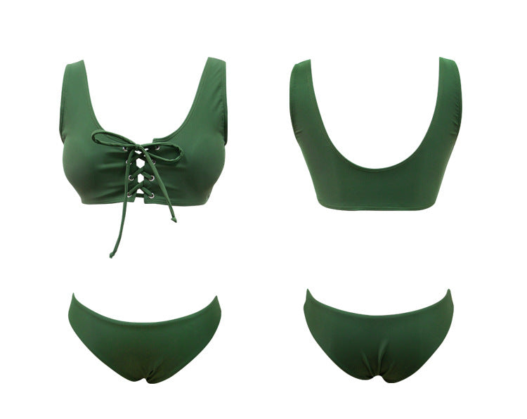 Solid Lace-Up Scoop-Neck Bikini Set