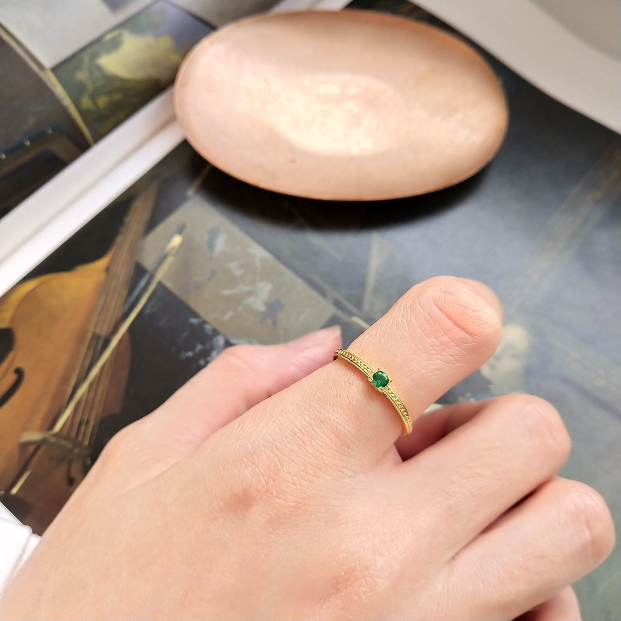 Adjustable Gold Ring with Green Crystal