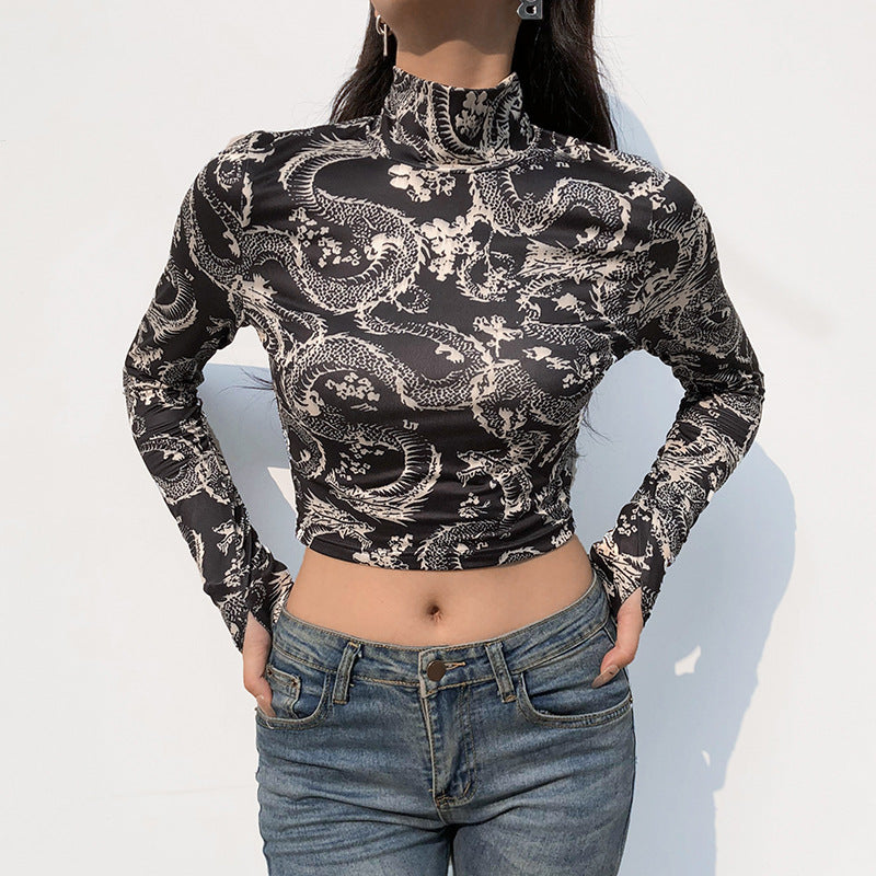Dragon Print Long Sleeve Crop Top with High Neck