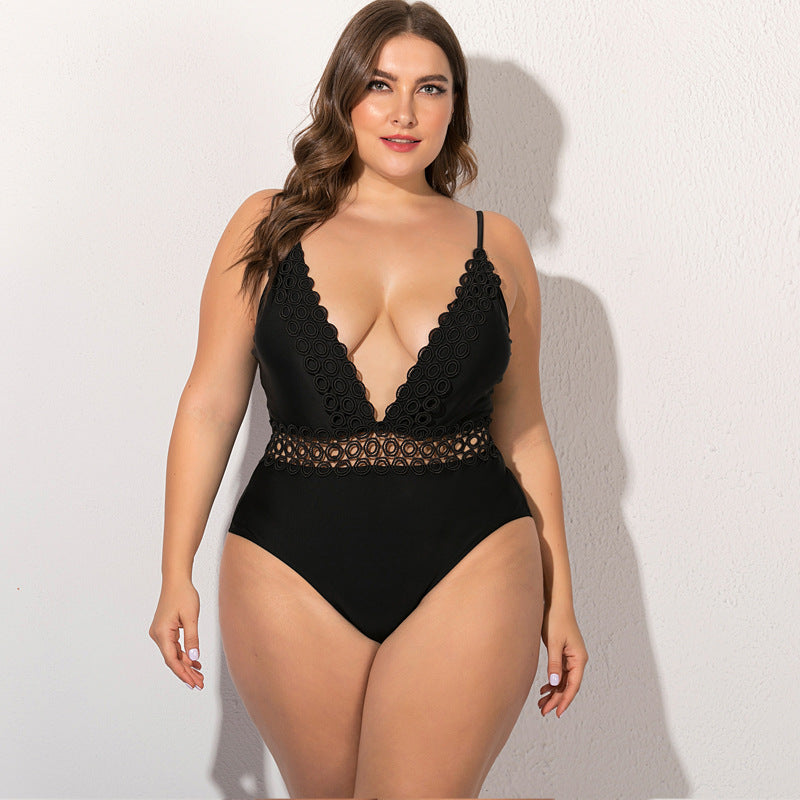 Plus Size Lace Trim One-Piece Swimsuit