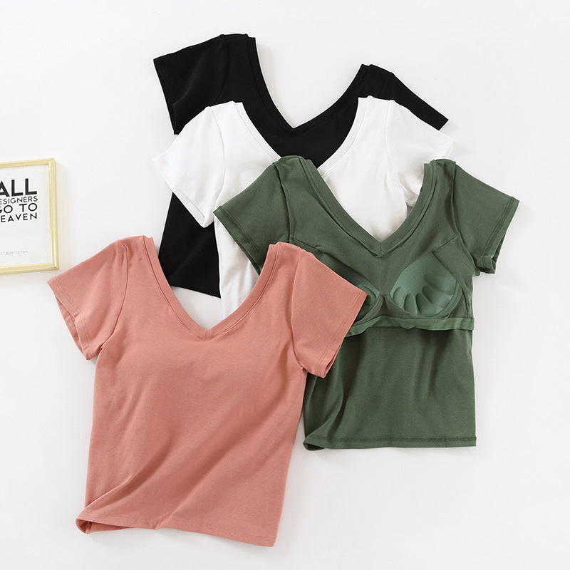 Crop Top with Built-in Bra and V-Neck Design for Women