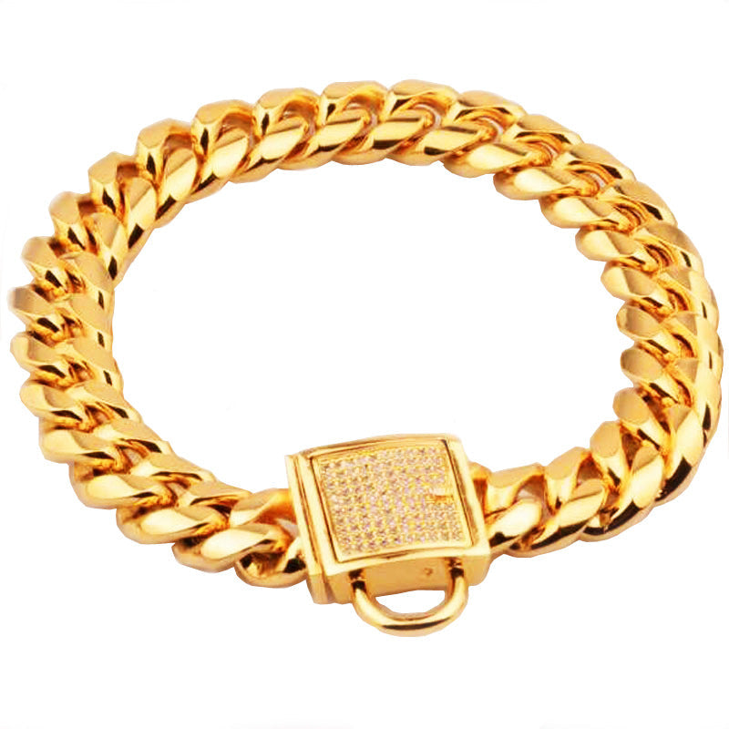 Titanium Steel Dog Collar with Gold Chain Buckle