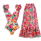 Floral Ruffle One-Piece Swimsuit and Maxi Skirt Set
