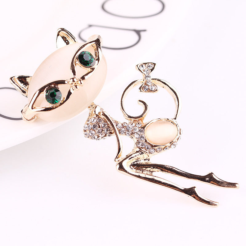 Cat Rhinestone Opal Brooch