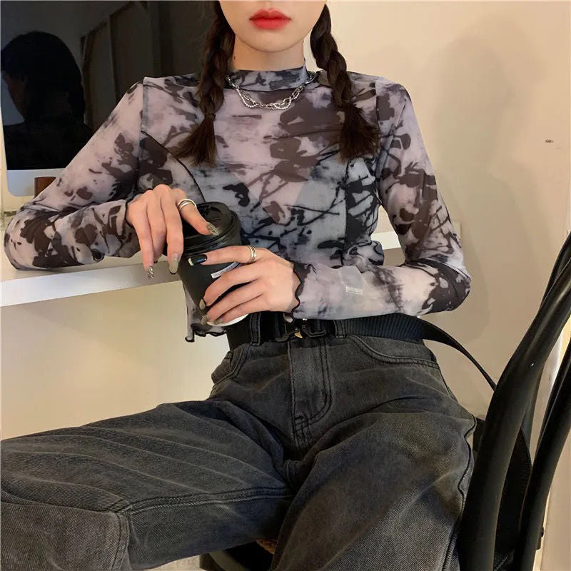 Korean Y2K Women's Tie-Dye Mesh Long Sleeve Crop Top